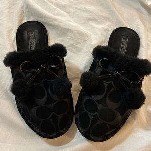 Coach Black Fuzzy Bow Slippers